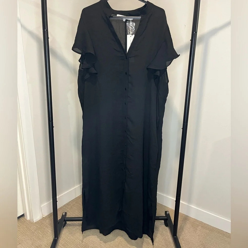 ❤️NWT maxi dress women’s 1XL black ruffles and pockets button down